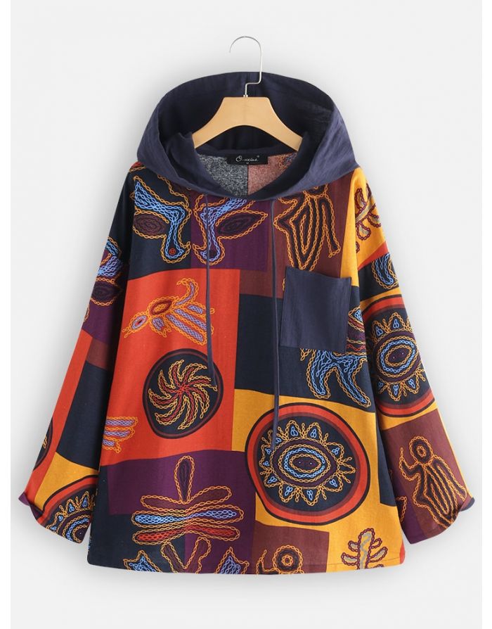 Fall Spring Vintage Printed Plus Size Chic Loose Hoodie Tops
