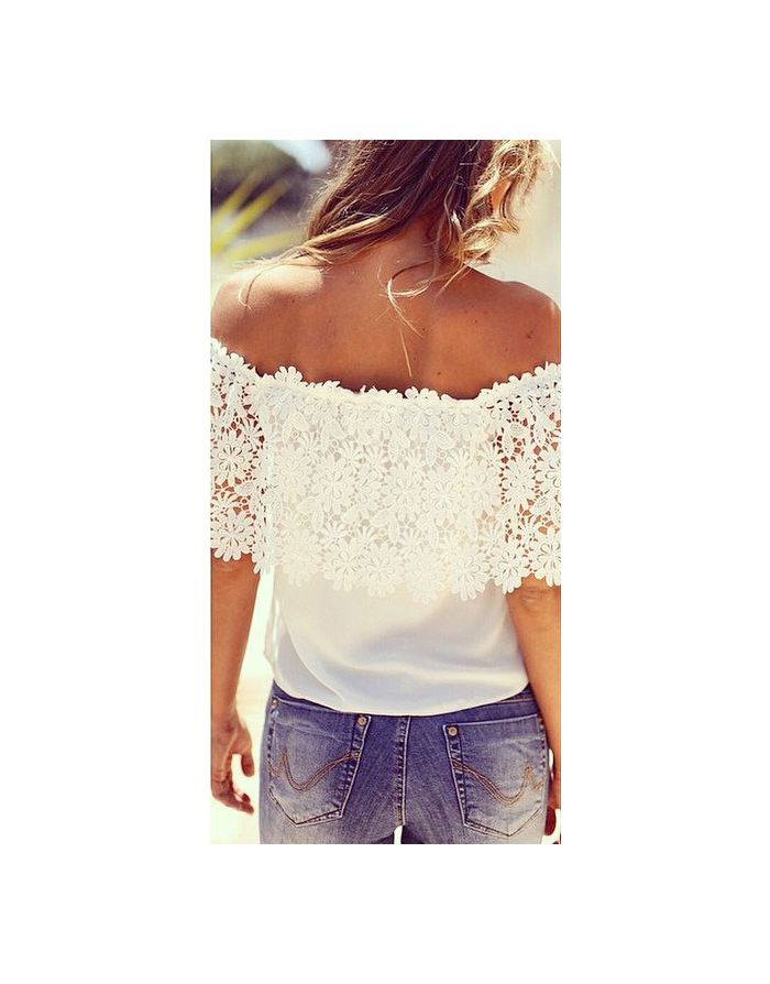 Fashion White Lace Stitching Chiffon Short Sleeve Off Shoulder T-shirt